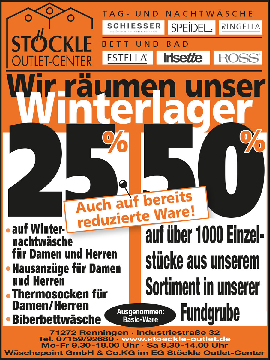 25% und 50% Rabatt wegen Winterlagerräumung im Wäschepoint im Stöckle Outlet-Center