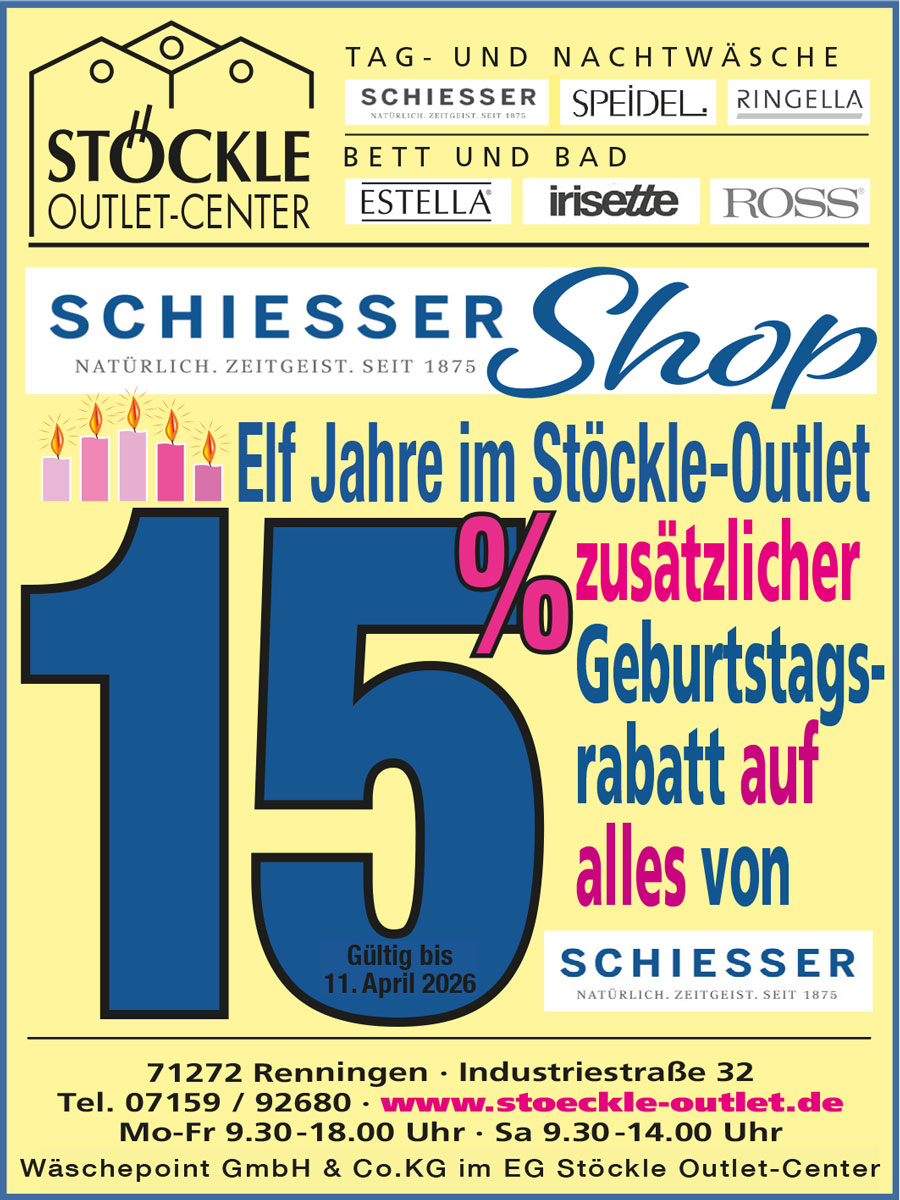 11 Jahre Schiesser im Wäschepoint im Stöckle Outlet-Center 15% Rabatt